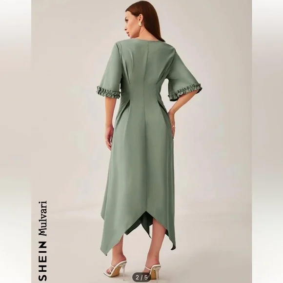 SHEIN Mulvari Frilled Cuff Tie Front Hanky Hem Dress. A-line with a V-Neck. - Picture 2 of 5